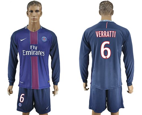 Paris Saint Germain 6 Verratti Home Long Sleeves Soccer Club Jersey