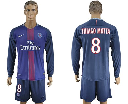 Paris Saint Germain 8 Thiago Motta Home Long Sleeves Soccer Club Jersey