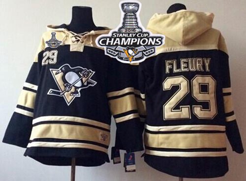 Penguins 29 Andre Fleury Black Sawyer Hooded Sweatshirt 2016 Stanley Cup Champions Stitched NHL Jersey