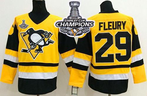 Penguins 29 Andre Fleury Yellow Throwback 2016 Stanley Cup Champions Stitched NHL Jersey