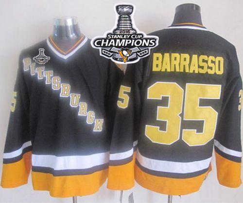 Penguins 35 Tom Barrasso Black Yellow CCM Throwback 2016 Stanley Cup Champions Stitched NHL Jersey