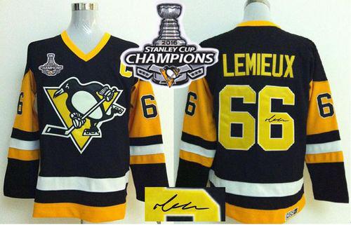 Penguins 66 Mario Lemieux Black CCM Throwback Autographed 2016 Stanley Cup Champions Stitched NHL Jersey