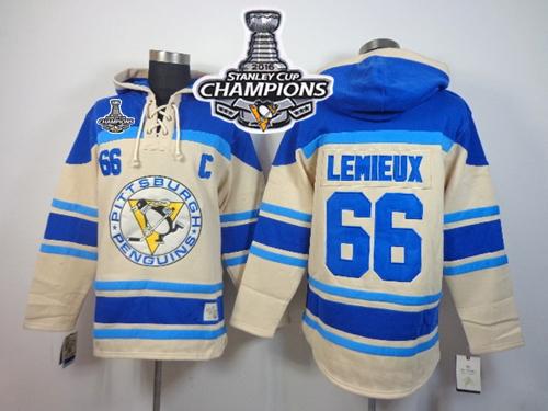 Penguins 66 Mario Lemieux Cream Sawyer Hooded Sweatshirt 2016 Stanley Cup Champions Stitched NHL Jersey