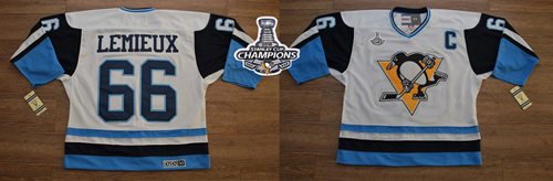 Penguins 66 Mario Lemieux White Blue CCM Throwback 2016 Stanley Cup Champions Stitched NHL Jersey