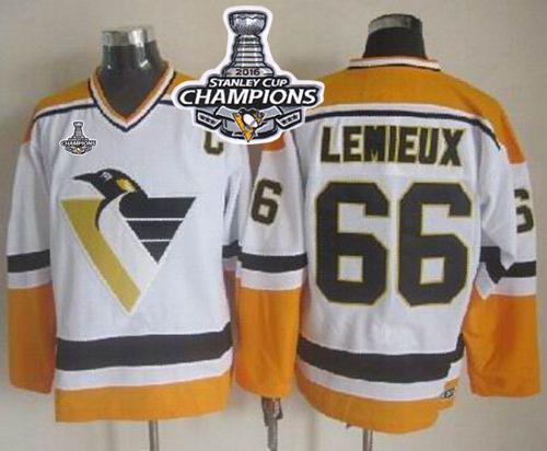 Penguins 66 Mario Lemieux White Yellow CCM Throwback 2016 Stanley Cup Champions Stitched NHL Jersey