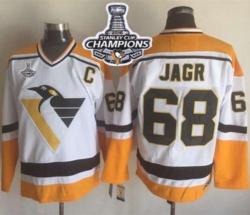 Penguins 68 Jaromir Jagr White Yellow CCM Throwback 2016 Stanley Cup Champions Stitched NHL Jersey