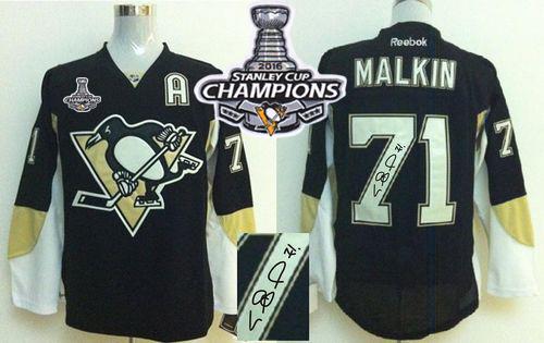 Penguins 71 Evgeni Malkin Black Autographed 2016 Stanley Cup Champions Stitched NHL Jersey