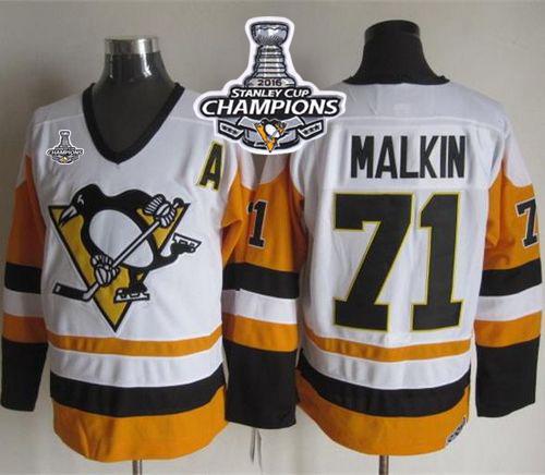 Penguins 71 Evgeni Malkin White Black CCM Throwback 2016 Stanley Cup Champions Stitched NHL Jersey
