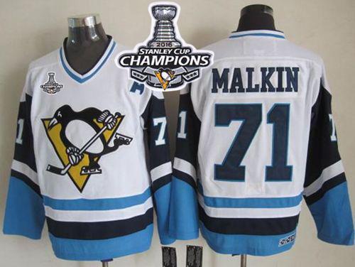 Penguins 71 Evgeni Malkin White Blue CCM Throwback 2016 Stanley Cup Champions Stitched NHL Jersey