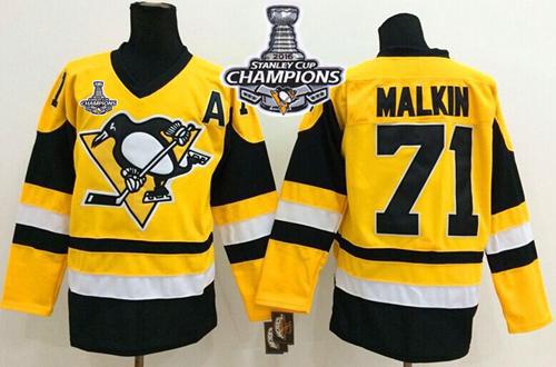 Penguins 71 Evgeni Malkin Yellow Throwback 2016 Stanley Cup Champions Stitched NHL Jersey