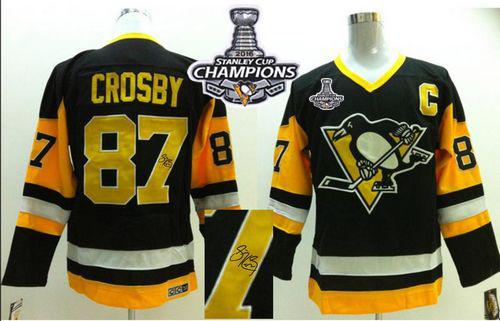 Penguins 87 Sidney Crosby Black CCM Throwback Autographed 2016 Stanley Cup Champions Stitched NHL Jersey