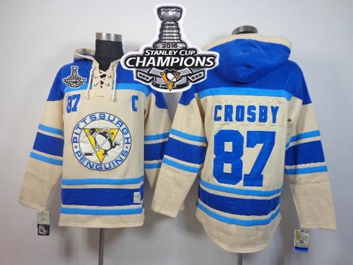 Penguins 87 Sidney Crosby Cream Sawyer Hooded Sweatshirt 2016 Stanley Cup Champions Stitched NHL Jersey