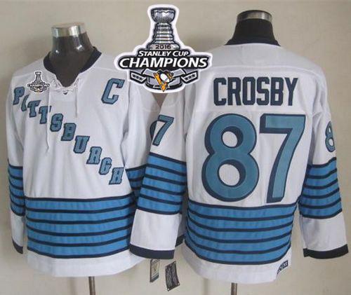 Penguins 87 Sidney Crosby White Light Blue CCM Throwback 2016 Stanley Cup Champions Stitched NHL Jersey