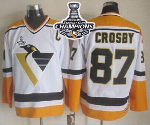Penguins 87 Sidney Crosby White Yellow CCM Throwback 2016 Stanley Cup Champions Stitched NHL Jersey