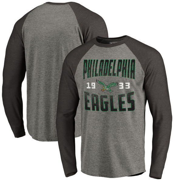 Philadelphia Eagles NFL Pro Line by Fanatics Branded Timeless Collection Antique Stack Long Sleeve Tri Blend Raglan T Shirt Ash