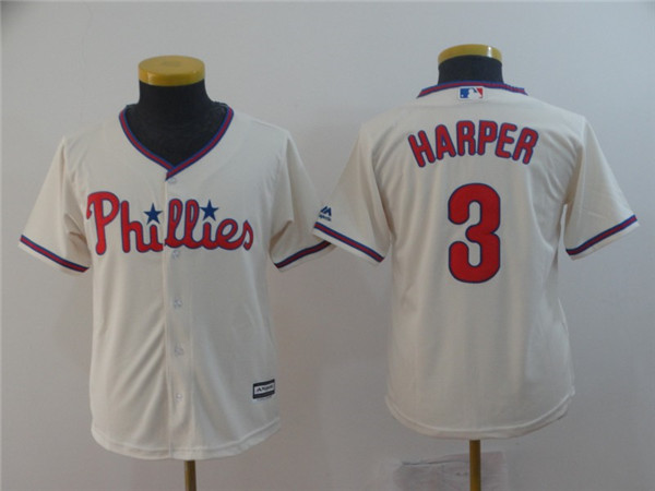 Phillies 3 Bryce Harper Cream Youth Cool Base Jersey