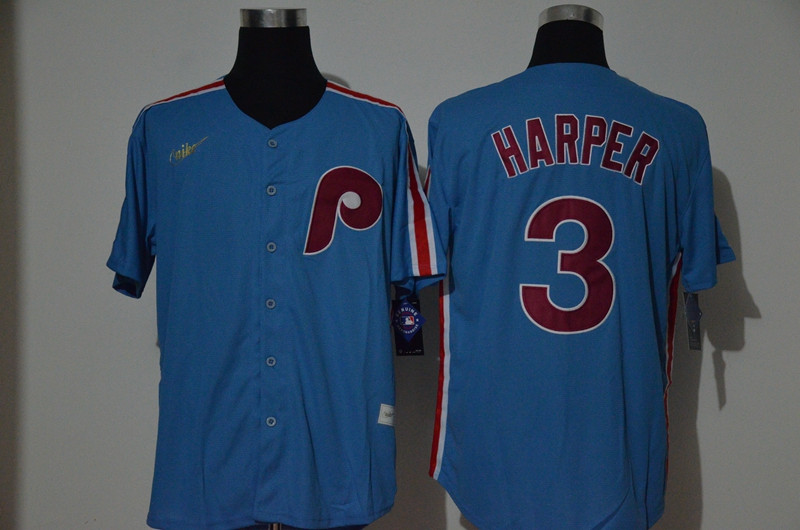 Phillies 3 Bryce Harper Light Blue 2020 Nike Cooperstown Collection Jersey