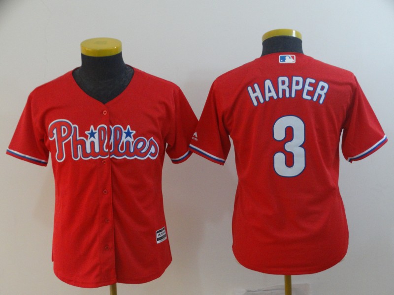 Phillies 3 Bryce Harper Scarlet Youth Cool Base Jersey