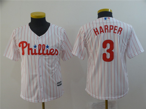 Phillies 3 Bryce Harper White Youth Cool Base Jersey