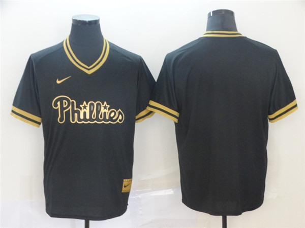 Phillies Blank Black Gold Nike Cooperstown Collection Legend V Neck Jersey