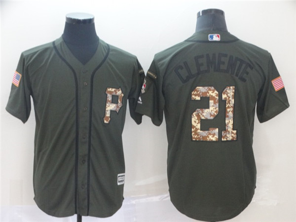 Pirates 21 Roberto Clemente Olive Camo Salute To Service Cool Base Jersey