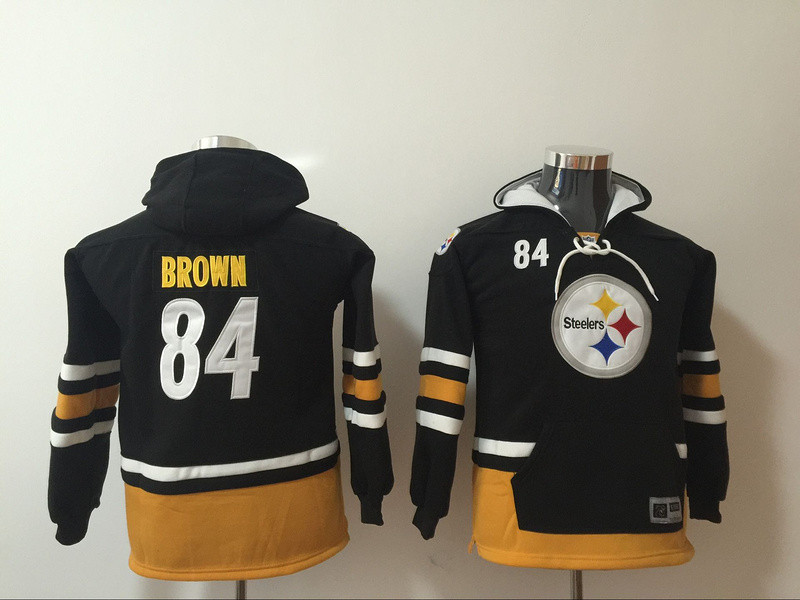 Pittsburgh Steelers 84 Antonio Brown Black Youth All Stitched Hooded Sweatshirt