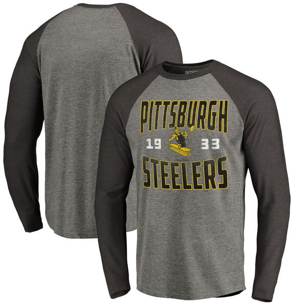 Pittsburgh Steelers NFL Pro Line by Fanatics Branded Timeless Collection Antique Stack Long Sleeve Tri Blend Raglan T Shirt Ash