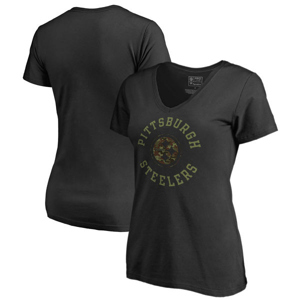 Pittsburgh Steelers NFL Pro Line by Fanatics Branded Women's Camo Collection Liberty Plus Size V Neck T Shirt Black