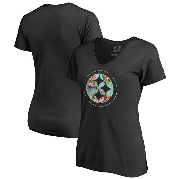 Pittsburgh Steelers NFL Pro Line by Fanatics Branded Women's Lovely Plus Size V Neck T Shirt Black
