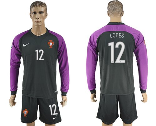 Portugal 12 Lopes Black Goalkeeper Long Sleeves Soccer Country Jersey