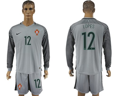 Portugal 12 Lopes Grey Goalkeeper Long Sleeves Soccer Country Jersey