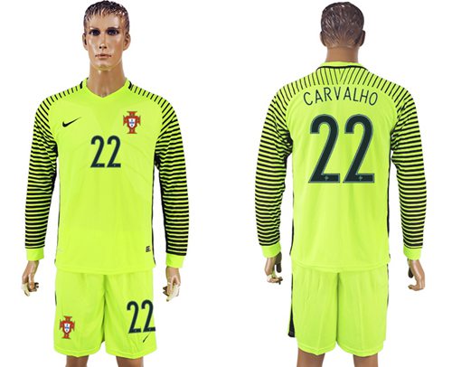 Portugal 22 Carvalho Green Long Sleeves Goalkeeper Soccer Country Jersey