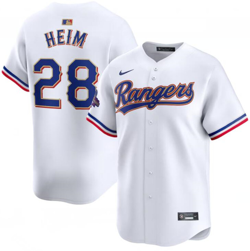 Rangers 28 Jonah Heim White Gold Nike 2024 Gold Collection Cool Base Jersey