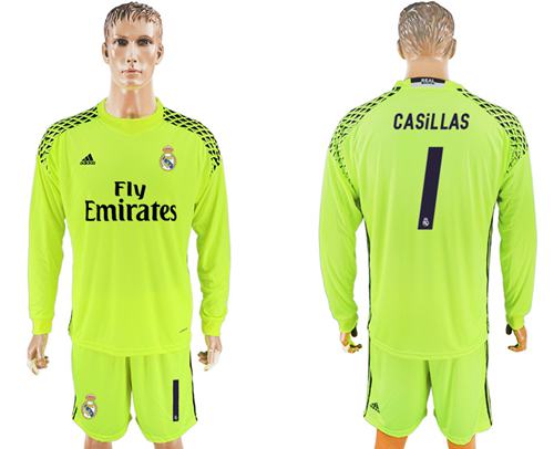 Real Madrid 1 Casillas Shiny Green Goalkeeper Long Sleeves Soccer Club Jersey
