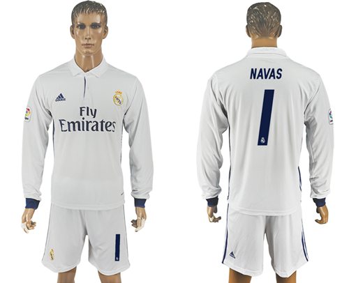 Real Madrid 1 Navas White Home Long Sleeves Soccer Club Jersey