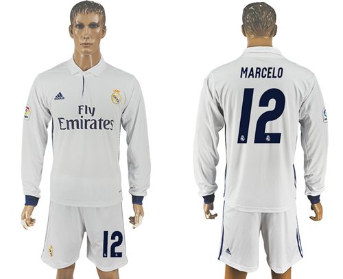 Real Madrid 12 Marcelo White Home Long Sleeves Soccer Club Jersey