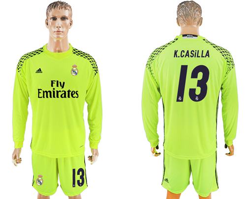 Real Madrid 13 K Casilla Shiny Green Goalkeeper Long Sleeves Soccer Club Jersey