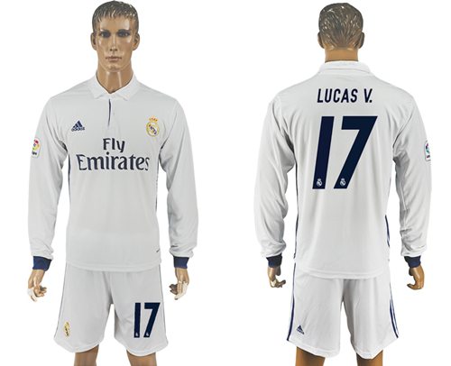 Real Madrid 17 Lucas V White Home Long Sleeves Soccer Club Jersey