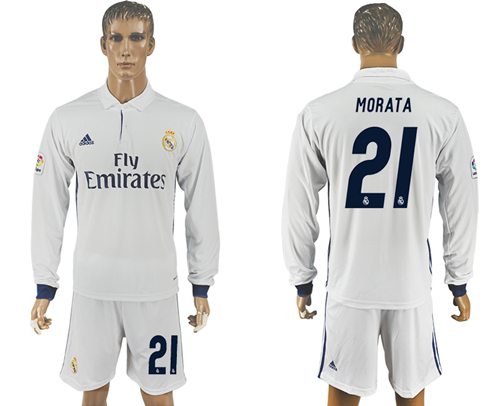 Real Madrid 21 Morata White Home Long Sleeves Soccer Club Jersey