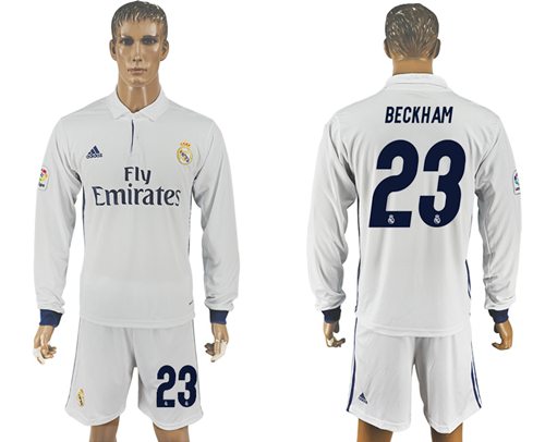 Real Madrid 23 Beckham White Home Long Sleeves Soccer Club Jersey