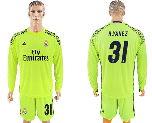 Real Madrid 31 R Yanez Shiny Green Goalkeeper Long Sleeves Soccer Club Jersey