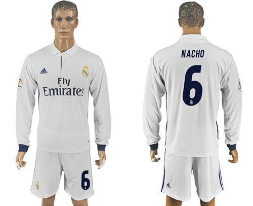Real Madrid 6 Nacho White Home Long Sleeves Soccer Club Jersey