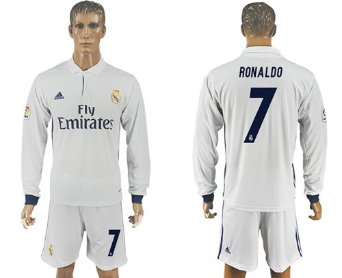 Real Madrid 7 Ronaldo White Home Long Sleeves Soccer Club Jersey