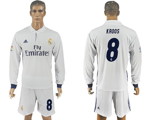 Real Madrid 8 Kroos White Home Long Sleeves Soccer Club Jersey