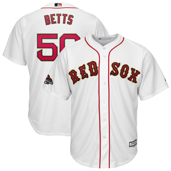 Red Sox 50 Mookie Betts White 2019 Gold Program Cool Base Jersey