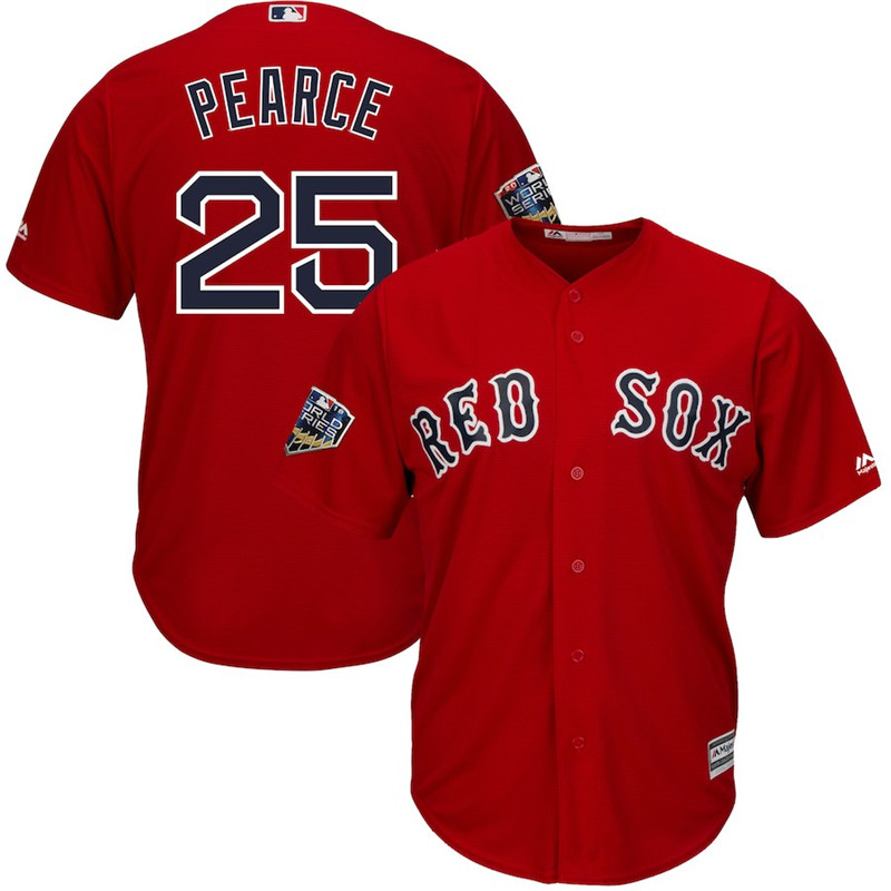 Res Sox 25 Steve Pearce Scarlet 2018 World Series Cool Base Player Jersey