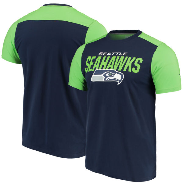 Seattle Seahawks NFL Pro Line by Fanatics Branded Iconic Color Blocked T Shirt College NavyNeon Green