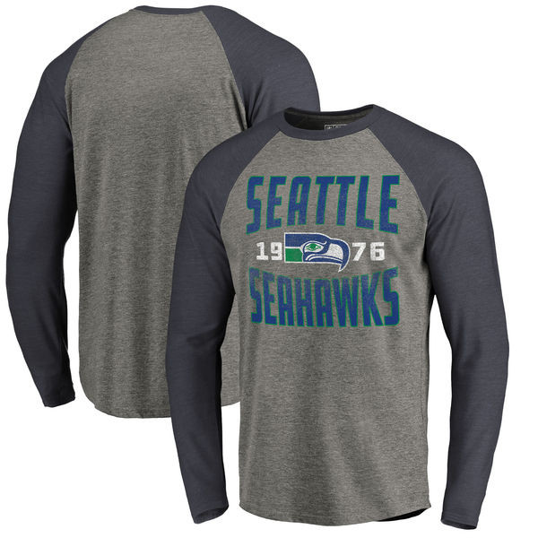 Seattle Seahawks NFL Pro Line by Fanatics Branded Timeless Collection Antique Stack Long Sleeve Tri Blend Raglan T Shirt Ash
