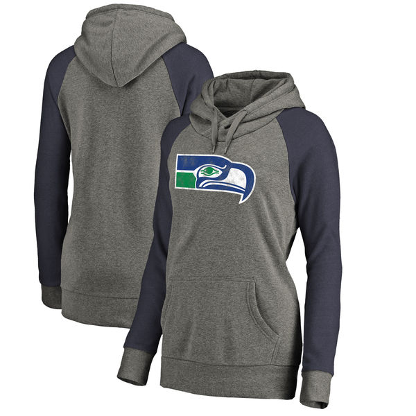 Seattle Seahawks NFL Pro Line by Fanatics Branded Women's Throwback Logo Tri Blend Raglan Plus Size Pullover Hoodie Gray Navy