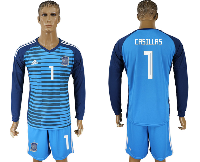 Spain 1 CASILLAS Lake Blue Goalkeeper 2018 FIFA World Cup Long Sleeve Soccer Jersey